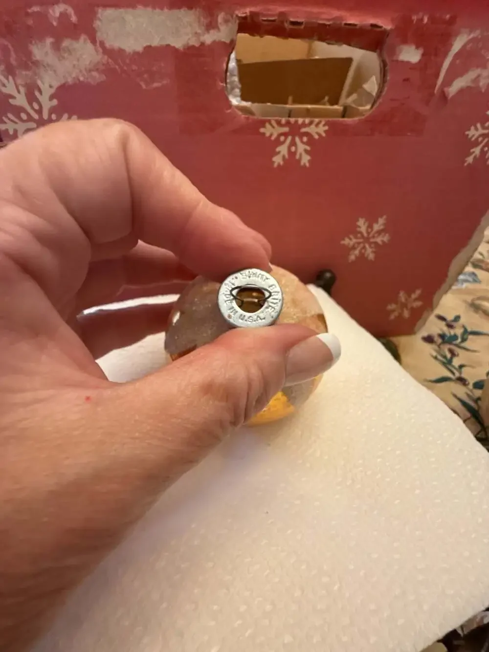 Vtg Shiny Brite Gold Mercury Glass Xmas Ornament Snow Cap White Mica Glitter